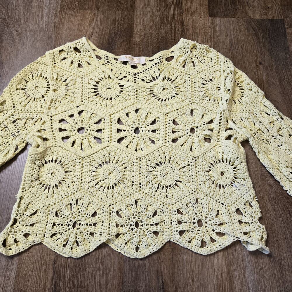 Rebellion Again Yellow Boho Retro Cotton Knit Crochet Long Sleeve Top Size Small